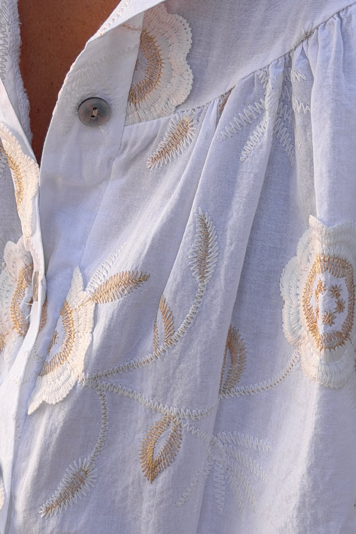 White Floral Embroidered Button-Down Peasant Blouse
