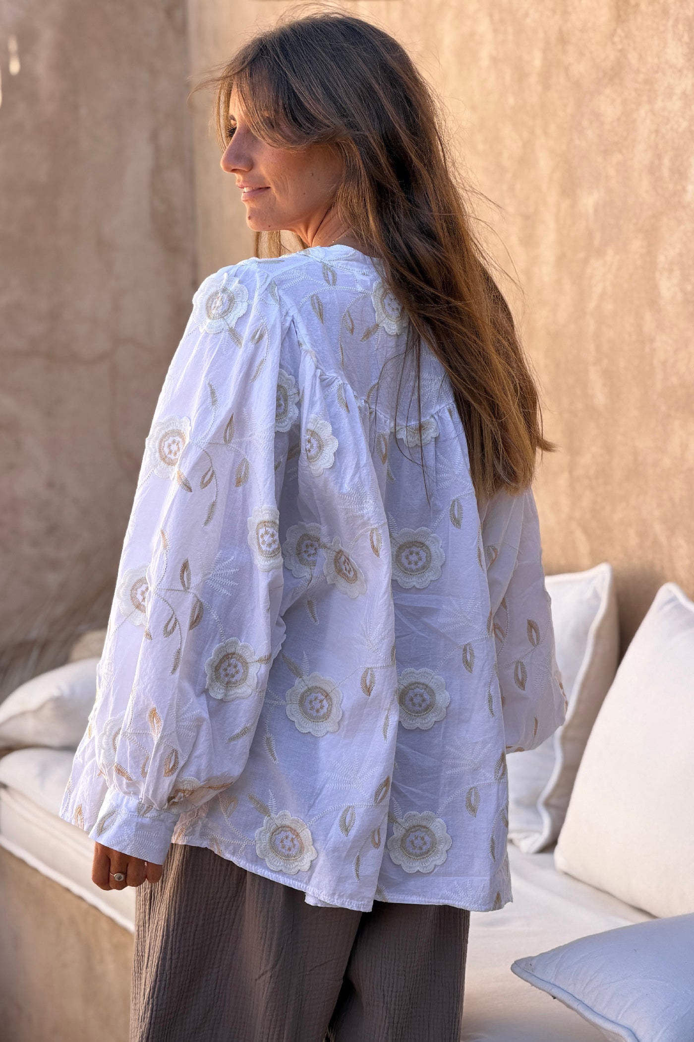 White Floral Embroidered Button-Down Peasant Blouse