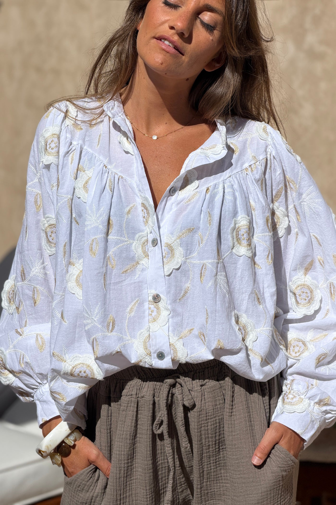 White Floral Embroidered Button-Down Peasant Blouse