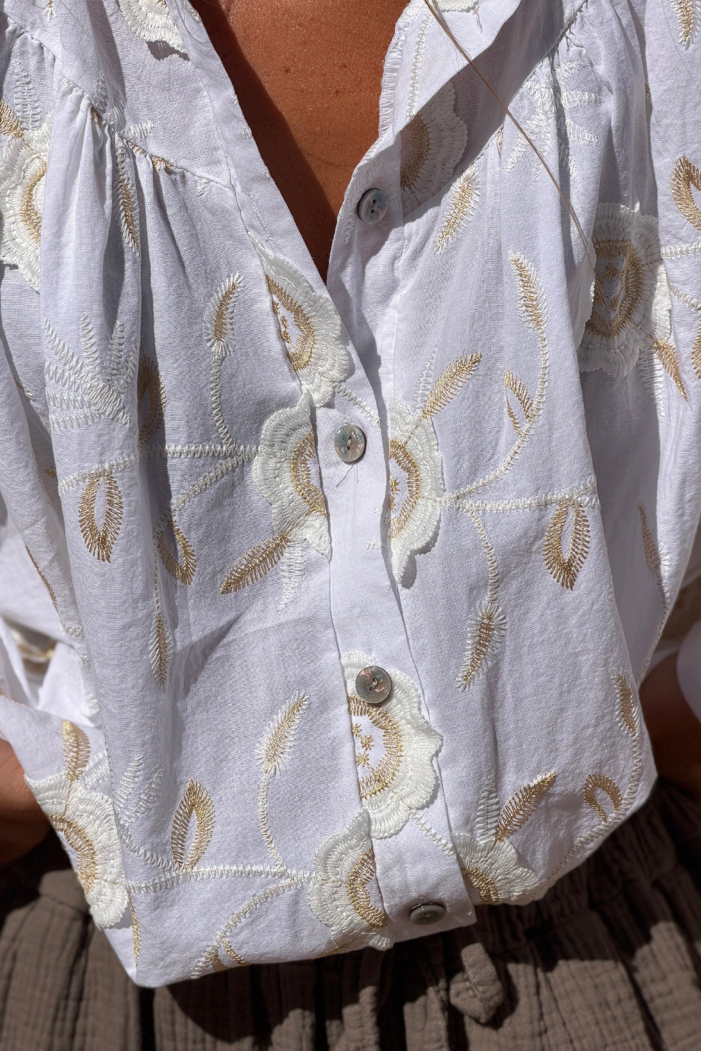 White Floral Embroidered Button-Down Peasant Blouse