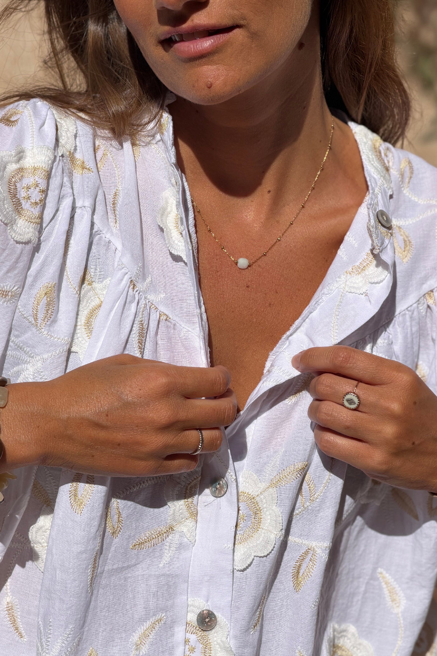 White Floral Embroidered Button-Down Peasant Blouse