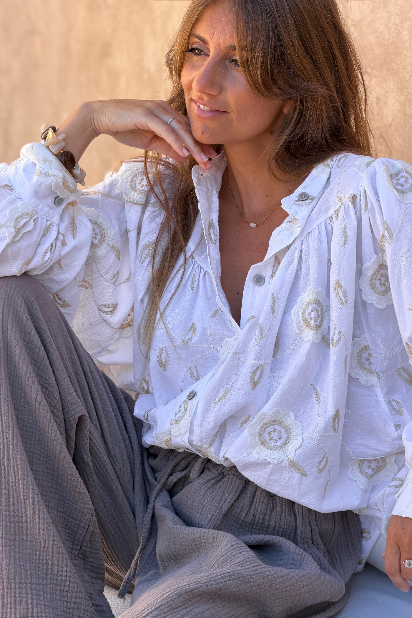 White Floral Embroidered Button-Down Peasant Blouse