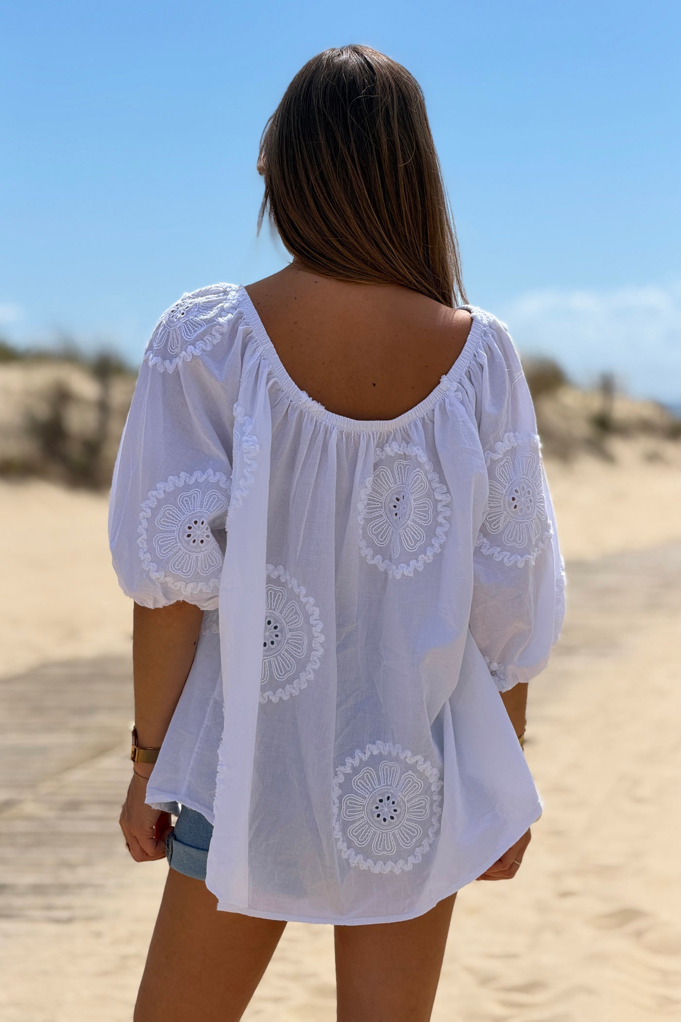 White Eyelet Peasant Top
