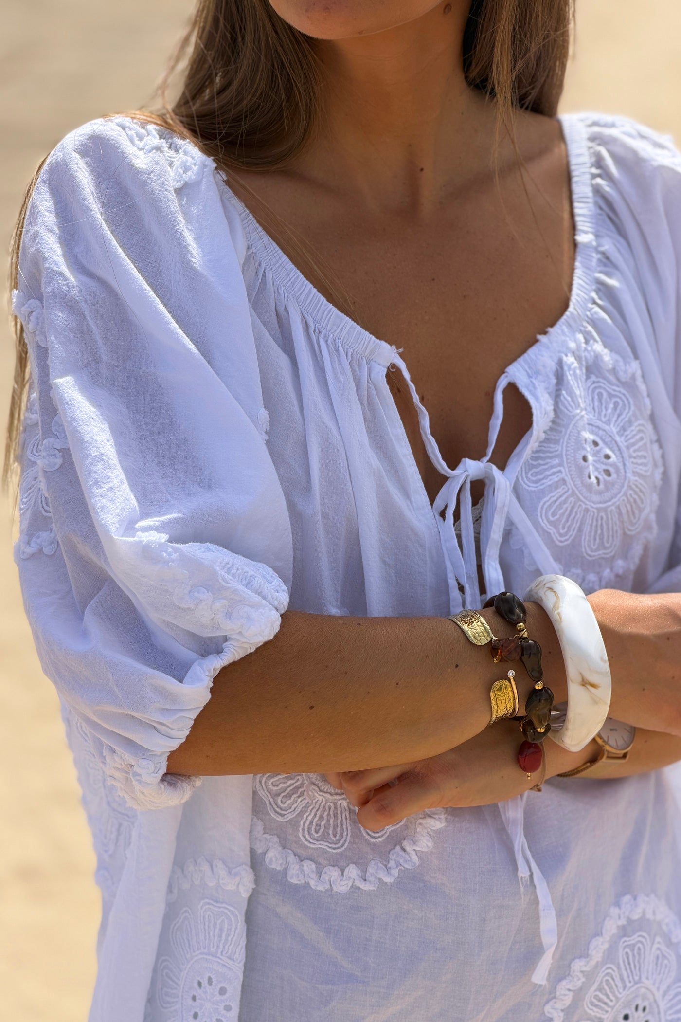 White Eyelet Peasant Top

