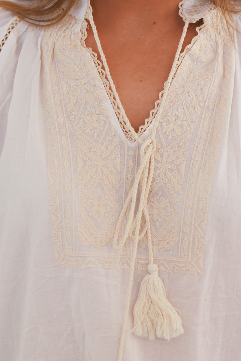 White and Cream Boho Embroidered Cotton Tunic