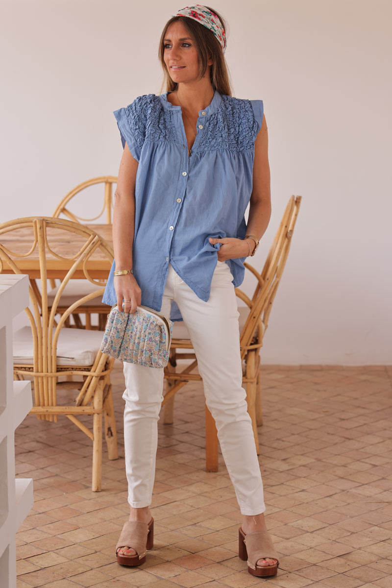 Dusty blue floaty cotton sleeveless blouse with mother of pearl buttons