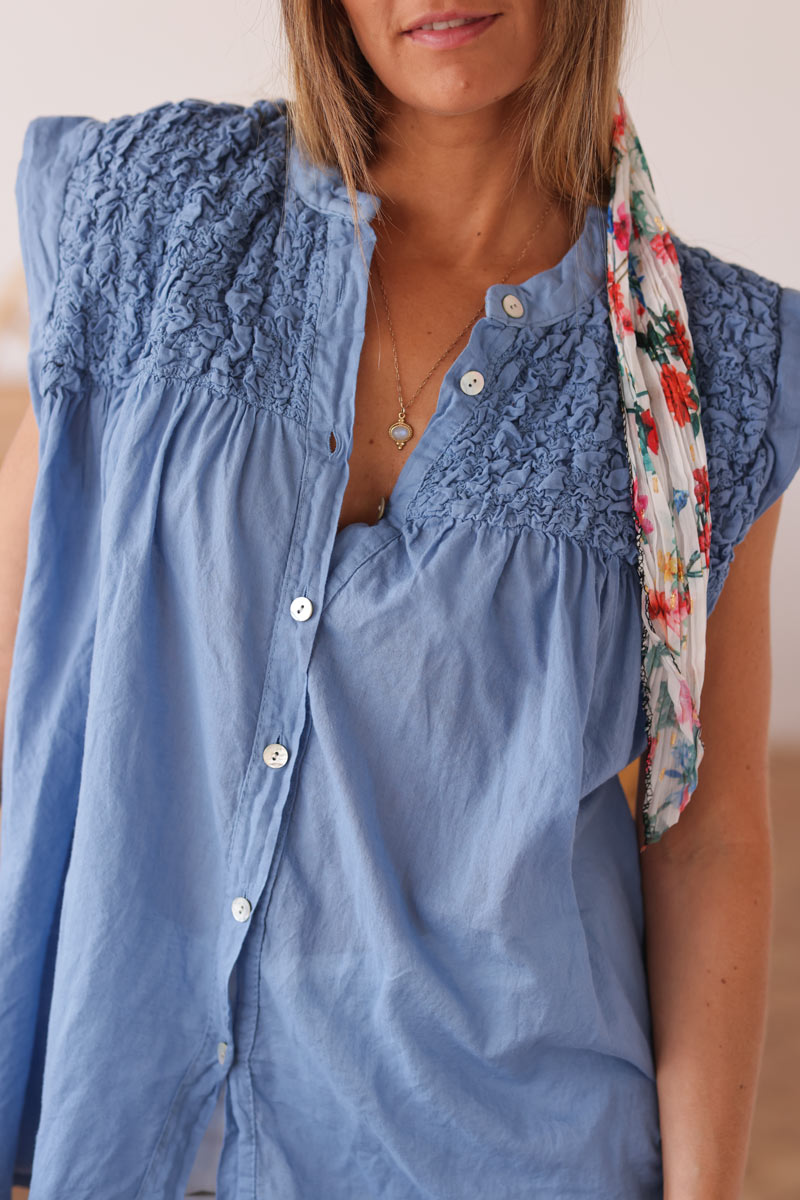 Dusty blue floaty cotton sleeveless blouse with mother of pearl buttons