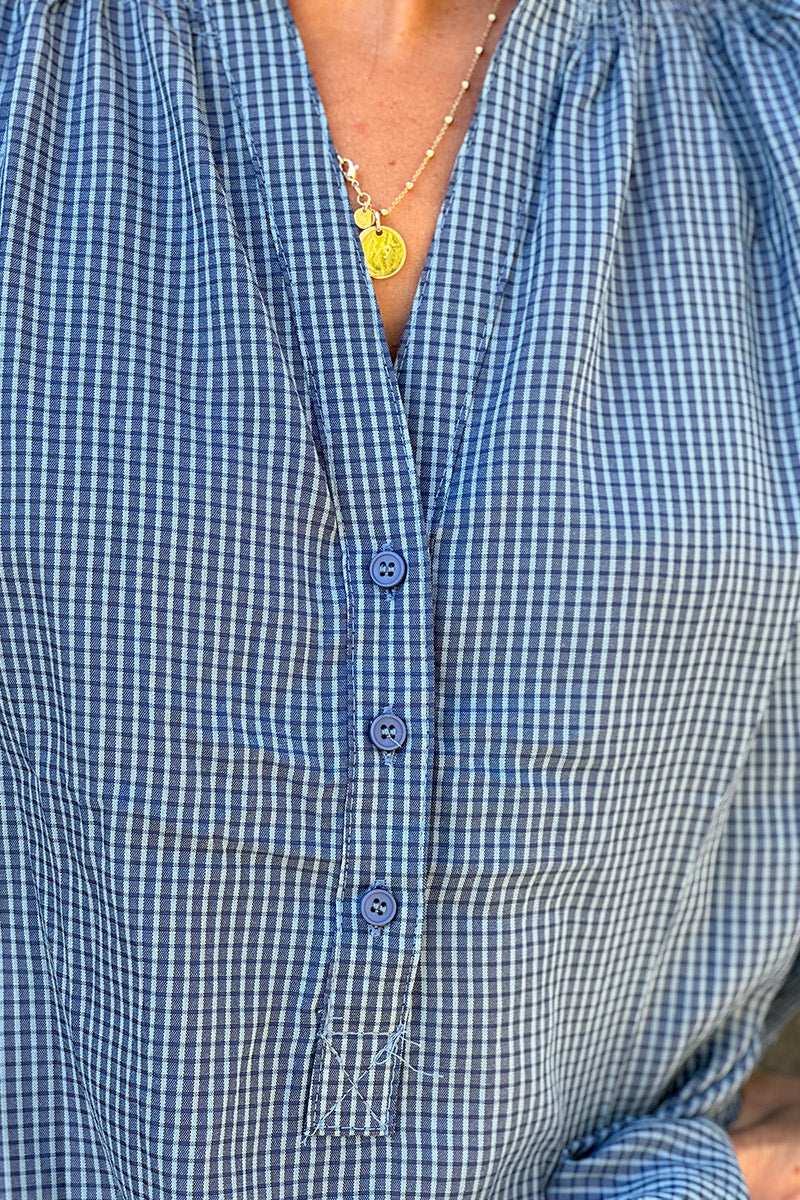 Navy Mini Plaid Button Placket Blouse
