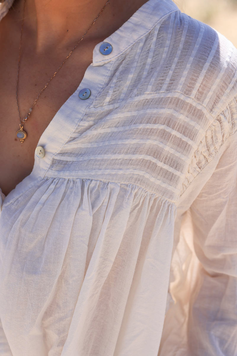 Ecru semi sheer flare shirt with mother of pearl buttons