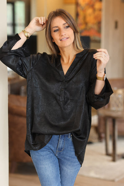 Black metallic blouse notch v neck CURVE SPECIAL