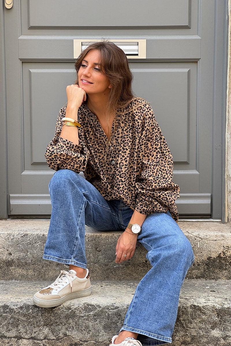 Leopard Print Split Neck Cotton Blouse
