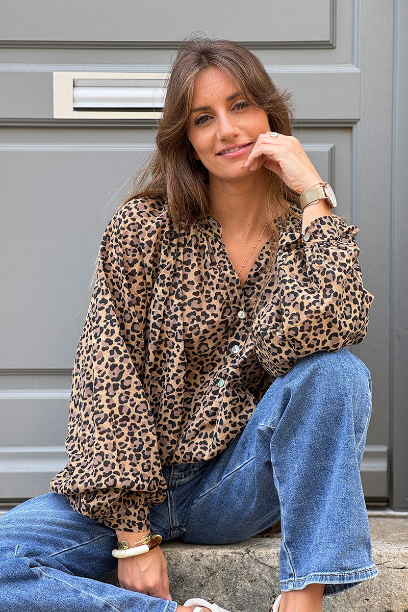 Leopard Print Split Neck Cotton Blouse