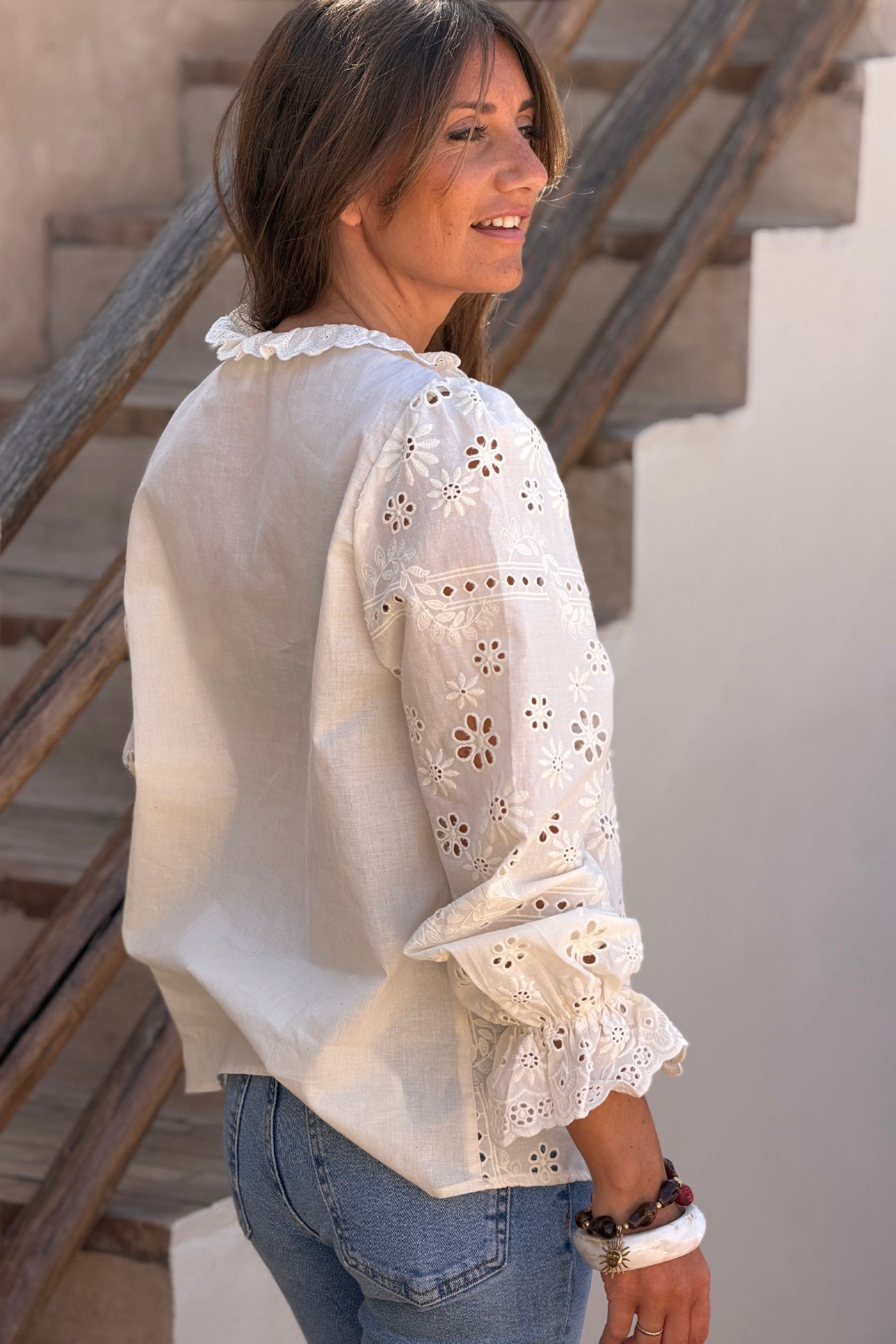 Cream Eyelet Romantic Ruffled Blouse