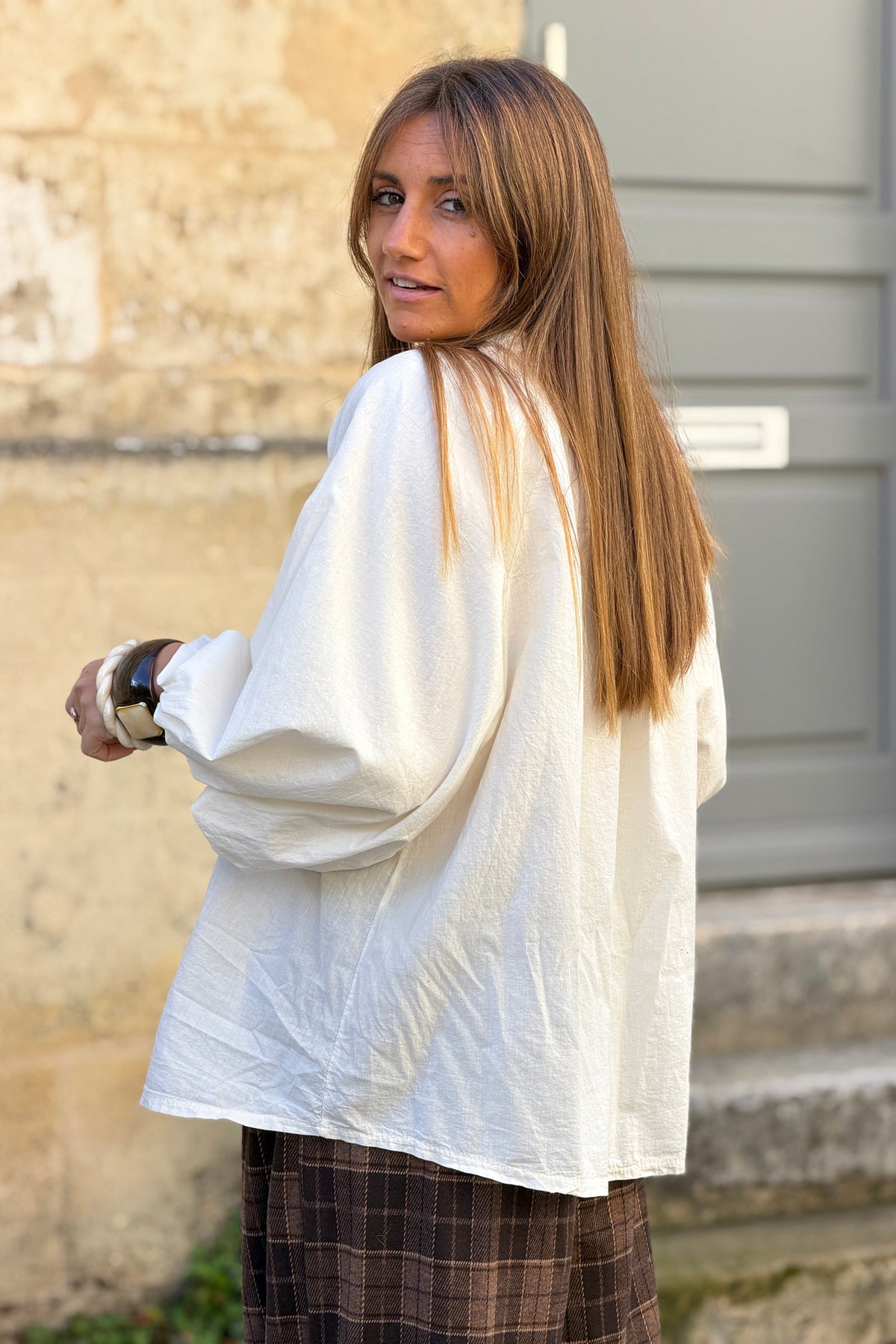 Cream Cotton Blouson Sleeve Blouse