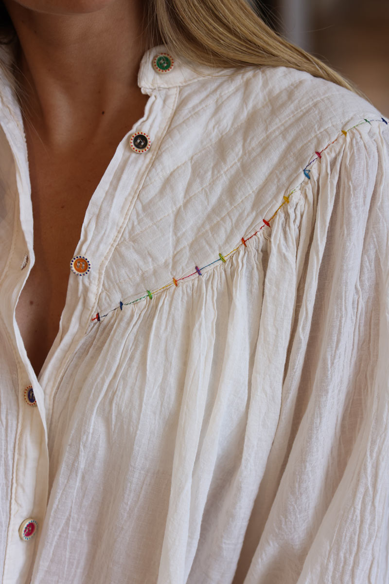 Ecru semi sheer cotton shirt multicoloured stitching and buttons