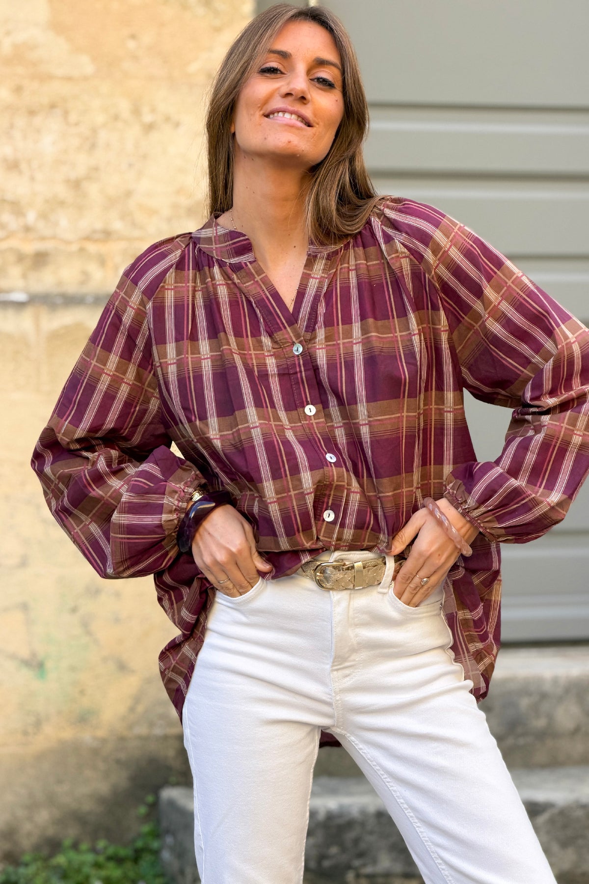 Aubergine Shirred Plaid Button-Down Blouse