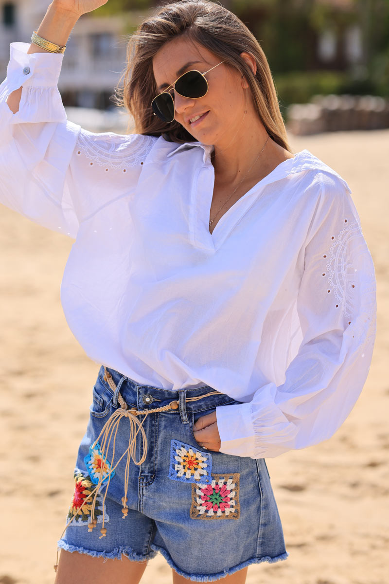 White cotton blouse with shoulder heart embroidery