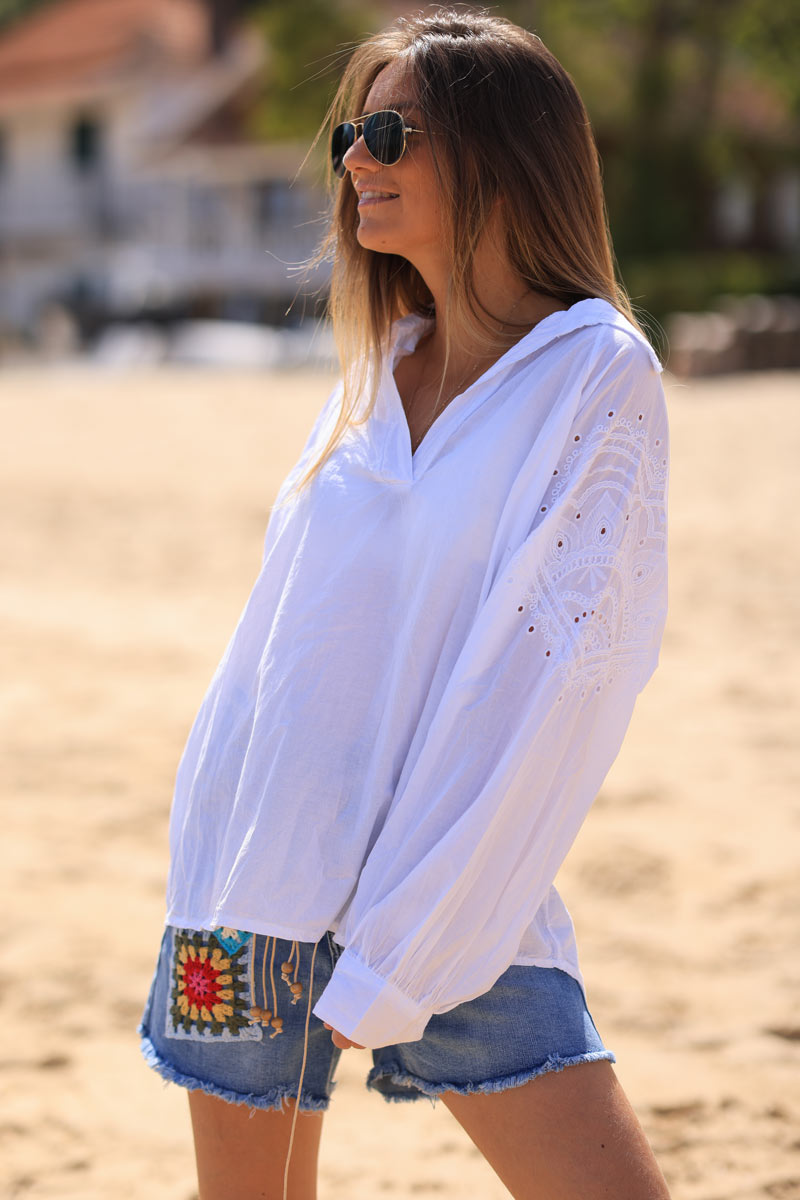 White cotton blouse with shoulder heart embroidery