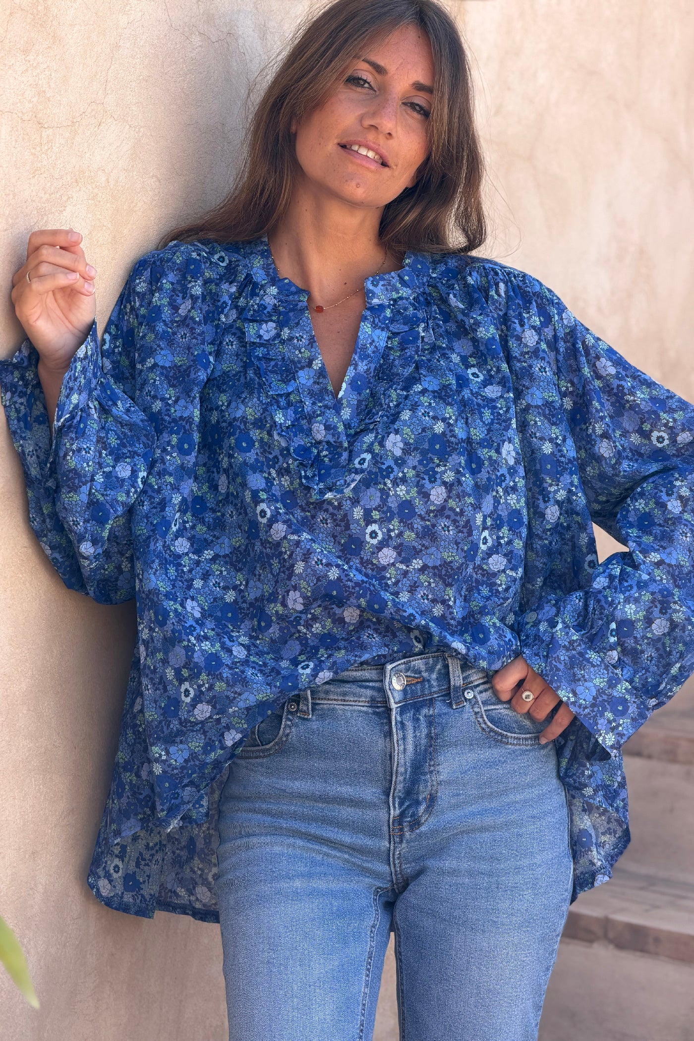 Cobalt Floral Explosion Ruffled Peasant Blouse