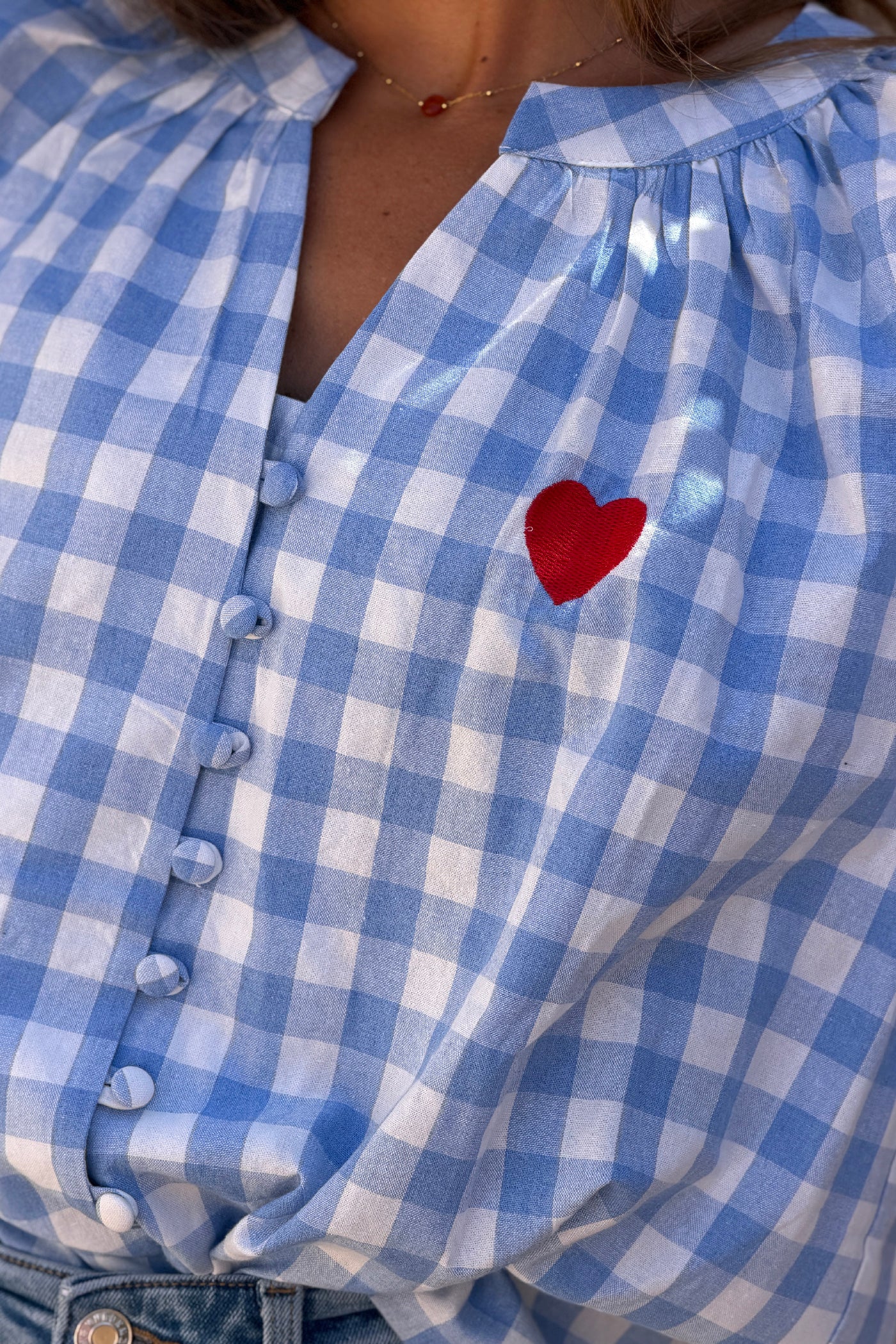 Blue Gingham Hearts Blouson Top