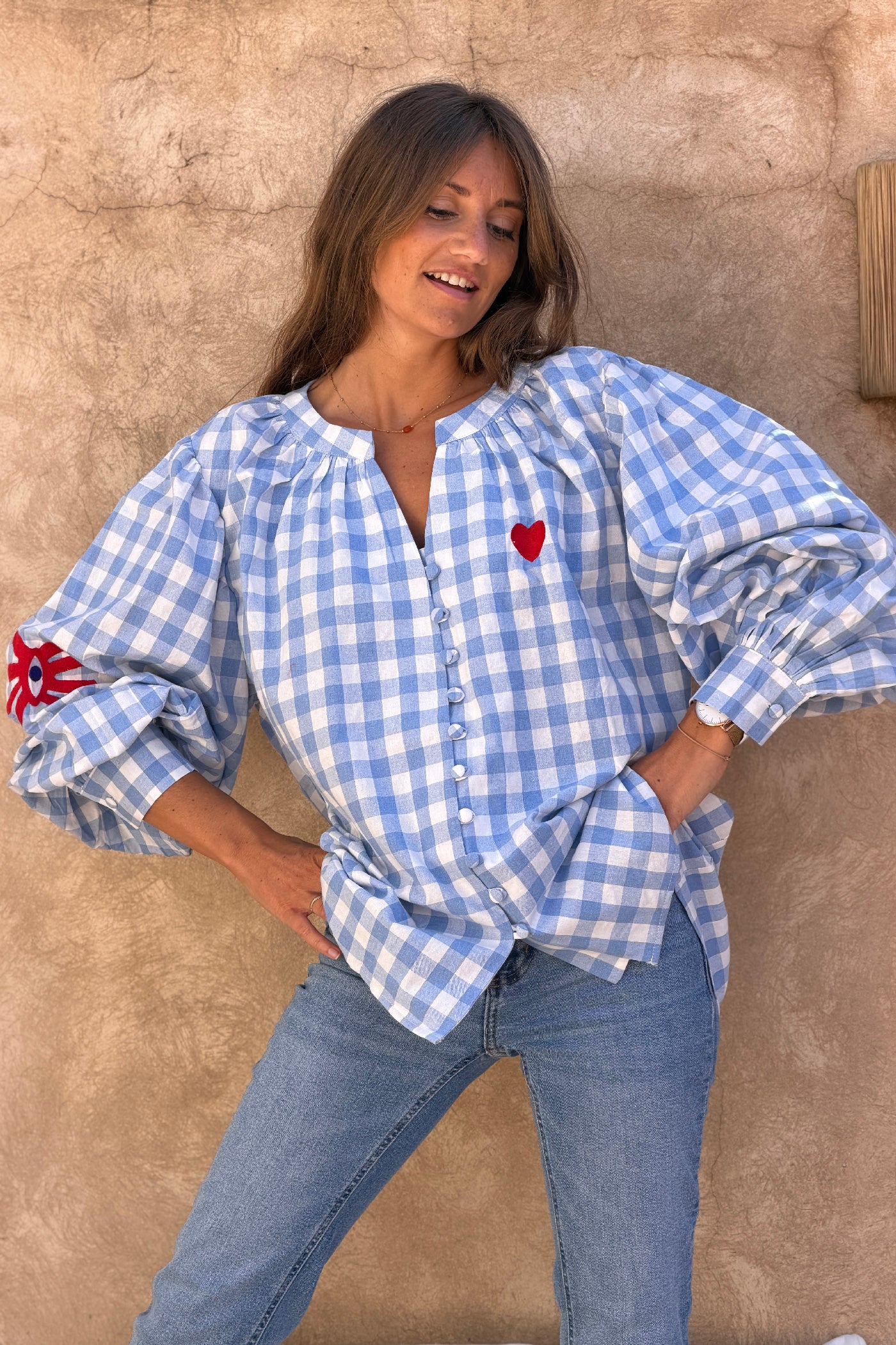 Blue Gingham Hearts Blouson Top