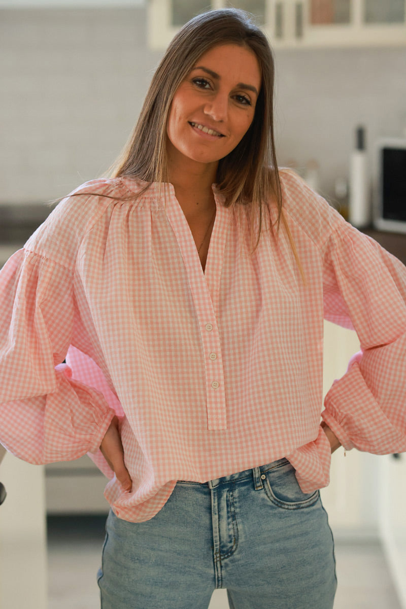 Blouse en coton effet gaufré motif carreaux vichy rose corail