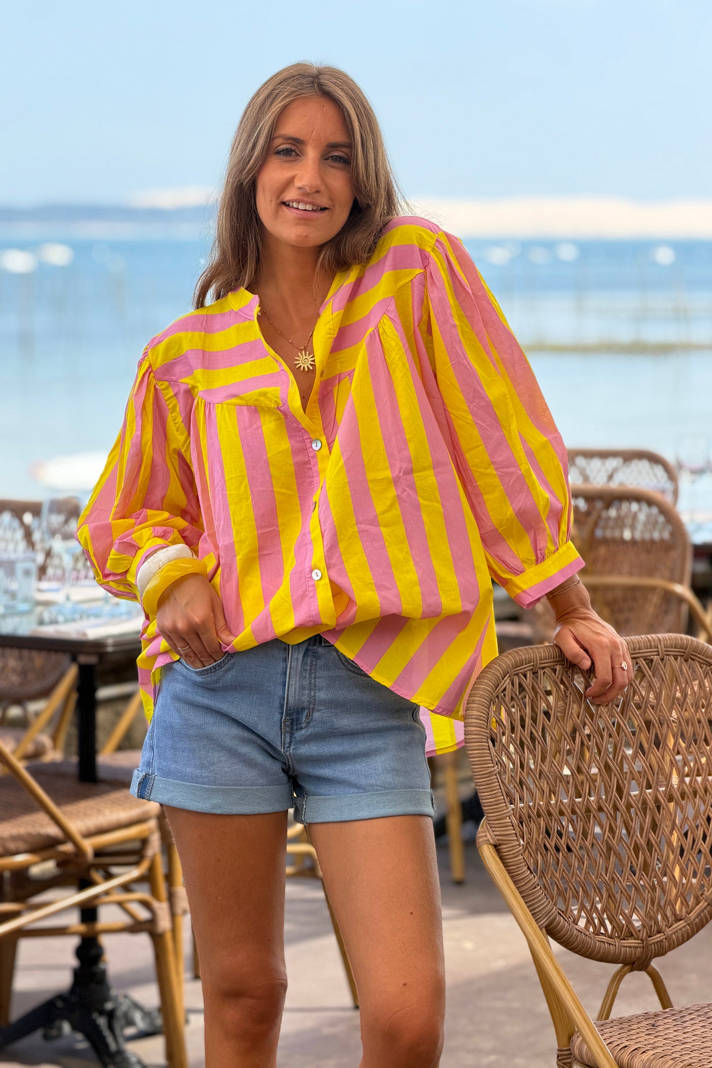 Yellow Striped Yoke Front Blouson Top
