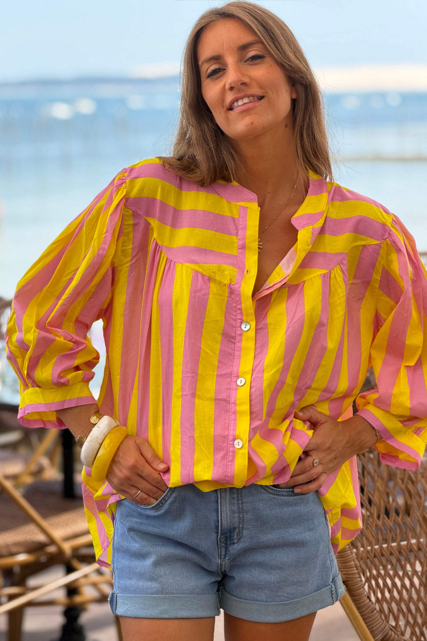 Yellow Striped Yoke Front Blouson Top
