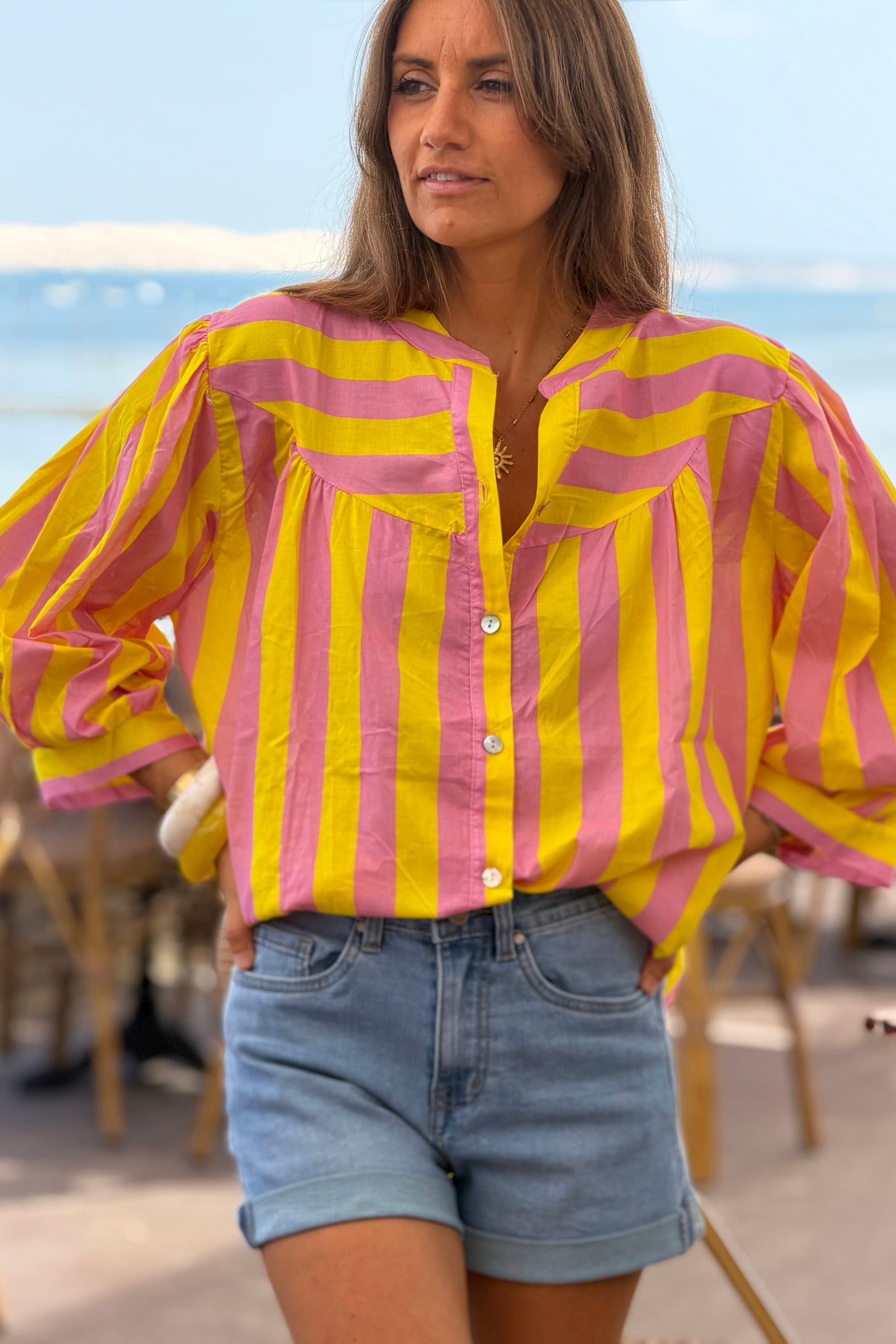 Yellow Striped Yoke Front Blouson Top
