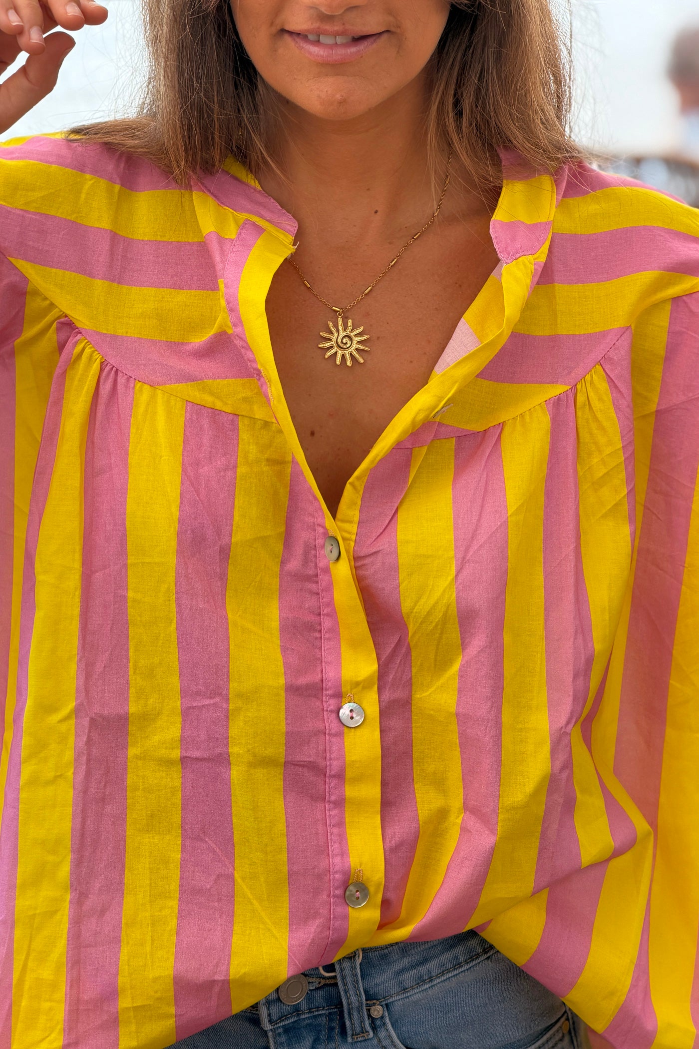 Yellow Striped Yoke Front Blouson Top
