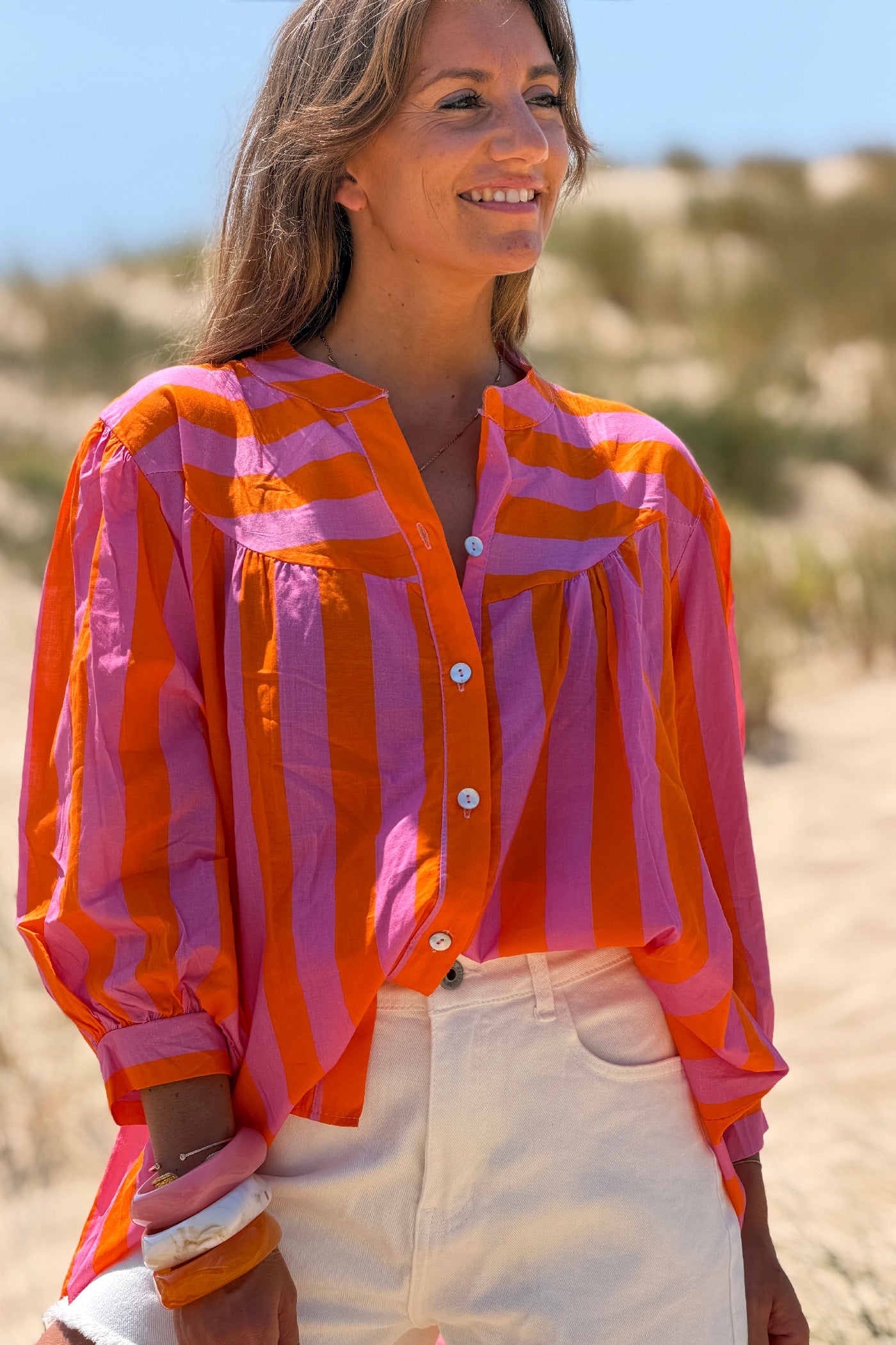 Orange Striped Yoke Front Blouson Top