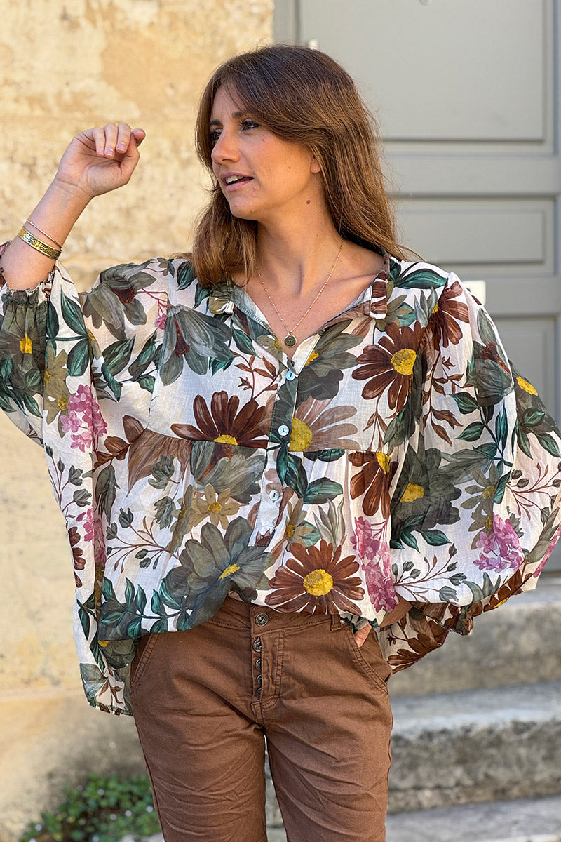 Olive Fall Floral Half-Button Blouse