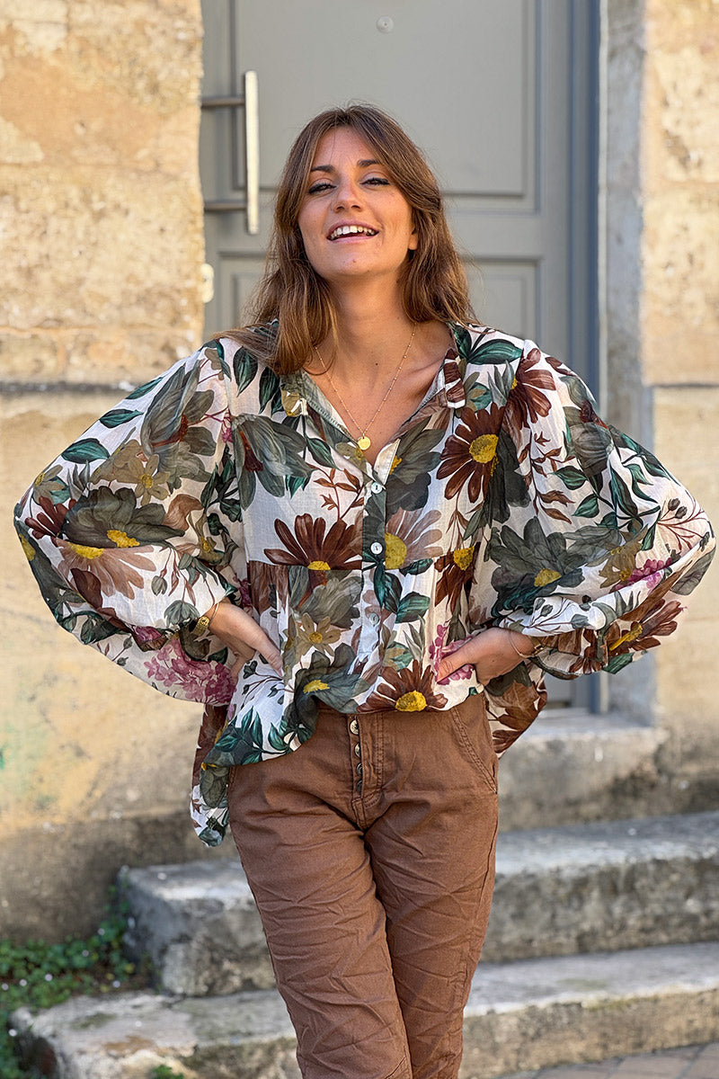 Olive Fall Floral Half-Button Blouse