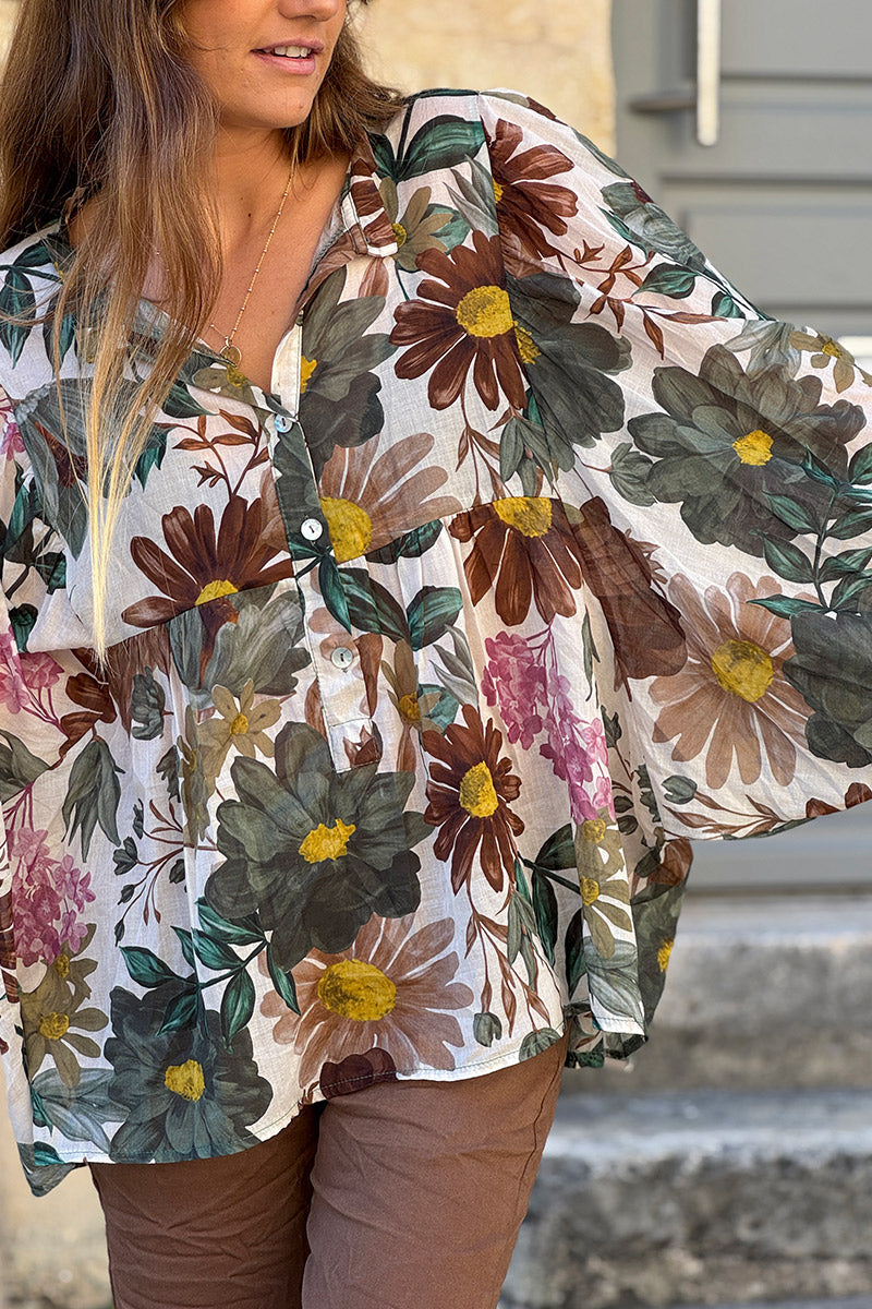 Olive Fall Floral Half-Button Blouse
