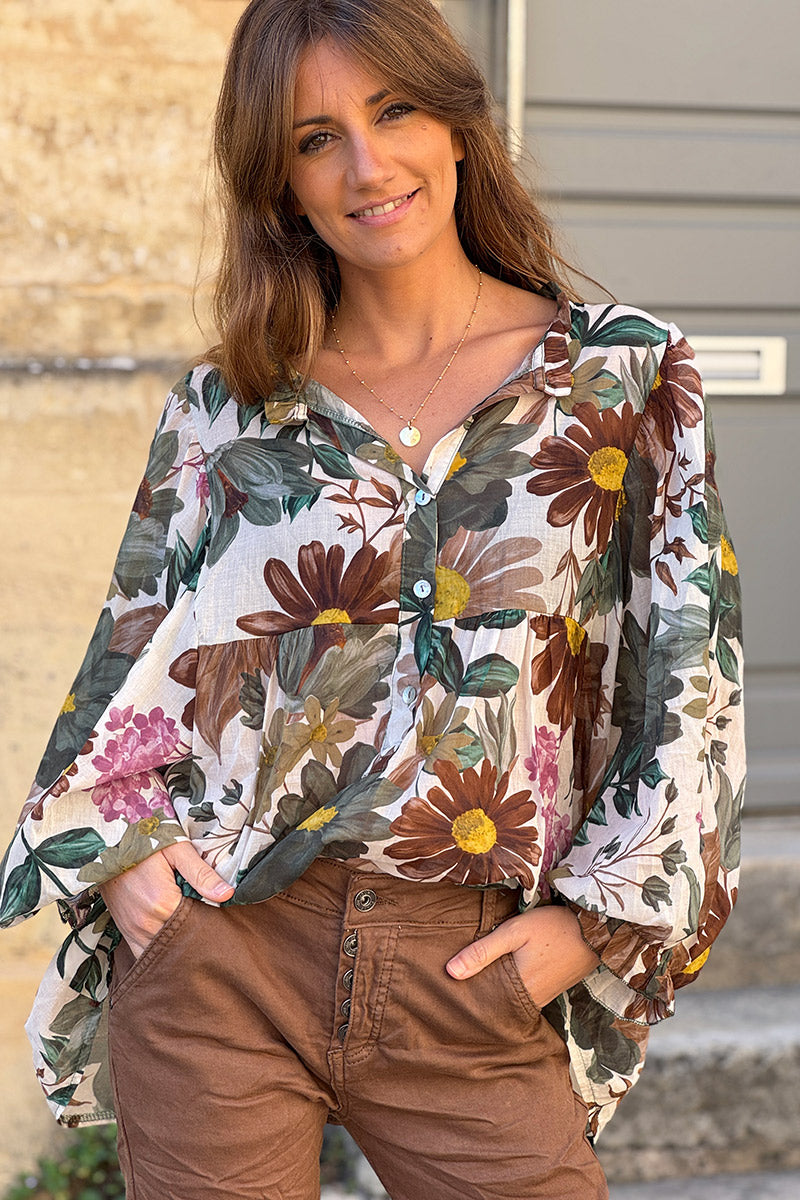 Olive Fall Floral Half-Button Blouse