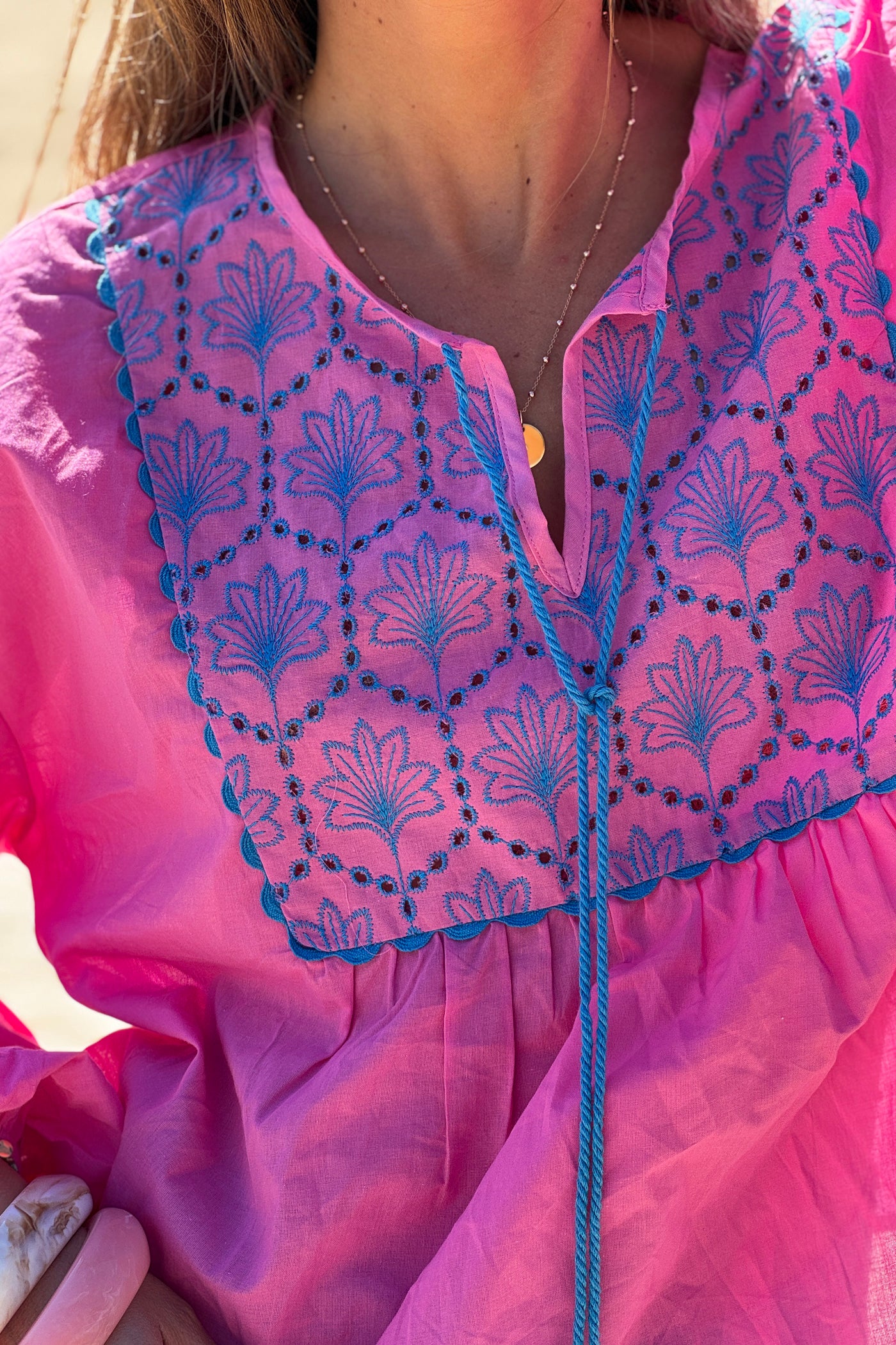 Hot Pink Embroidered Peasant Top
