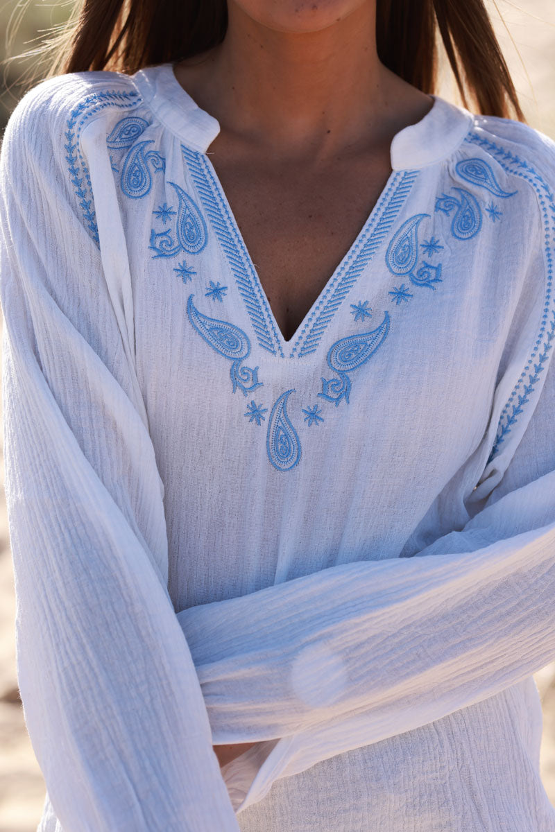 White Cotton Gauze Blouse with Sky Blue Paisley Embroidery