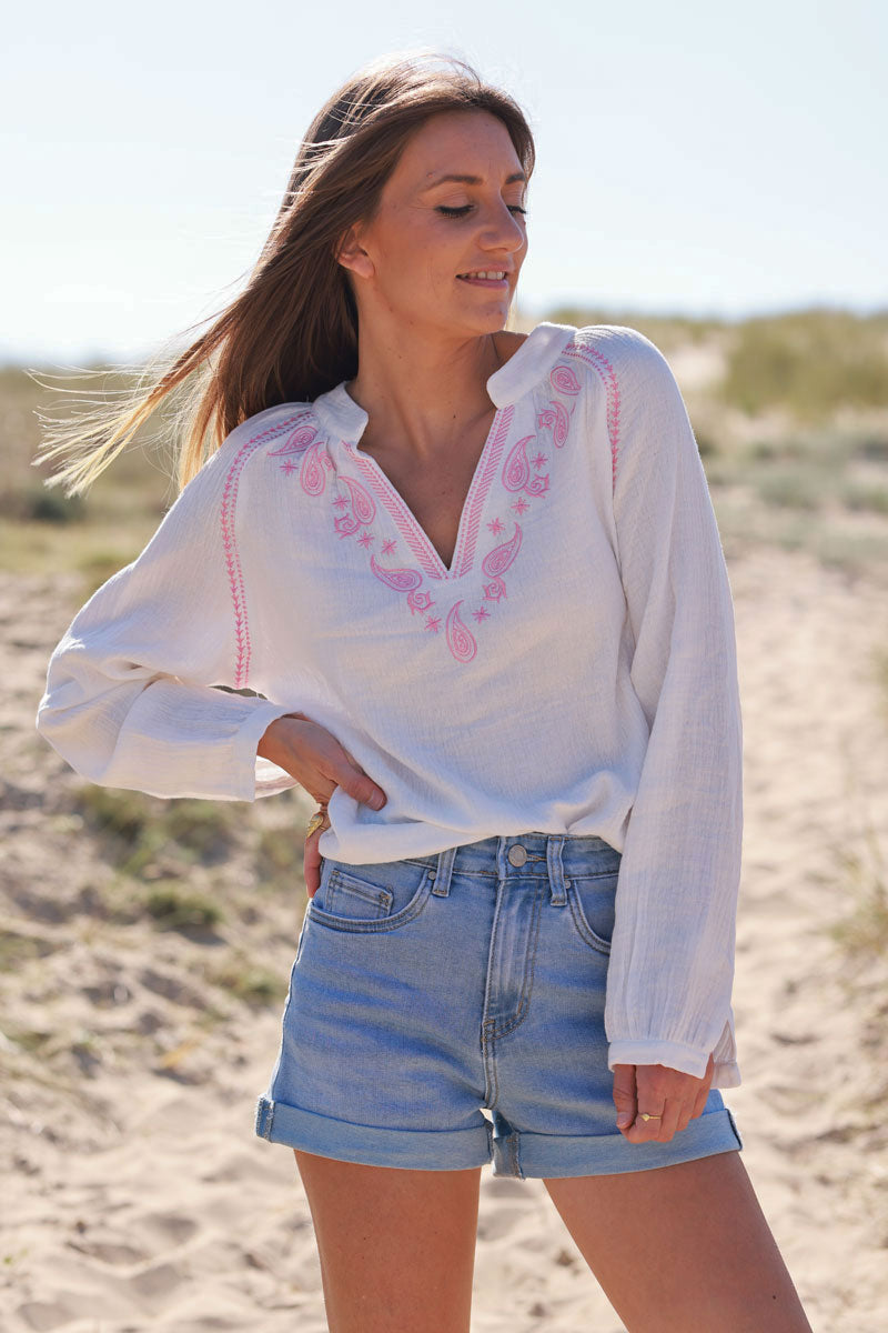 White Cotton Gauze Blouse with Pink Paisley Embroidery