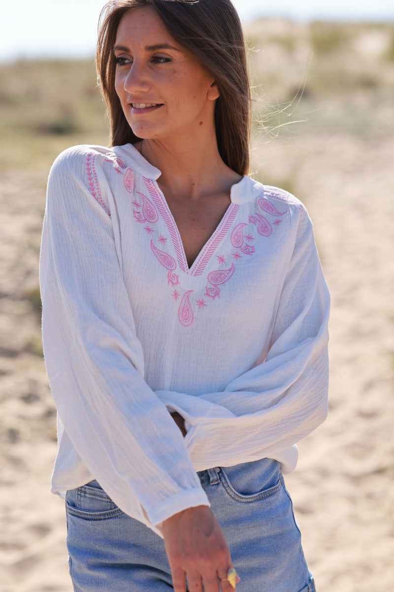 White Cotton Gauze Blouse with Pink Paisley Embroidery