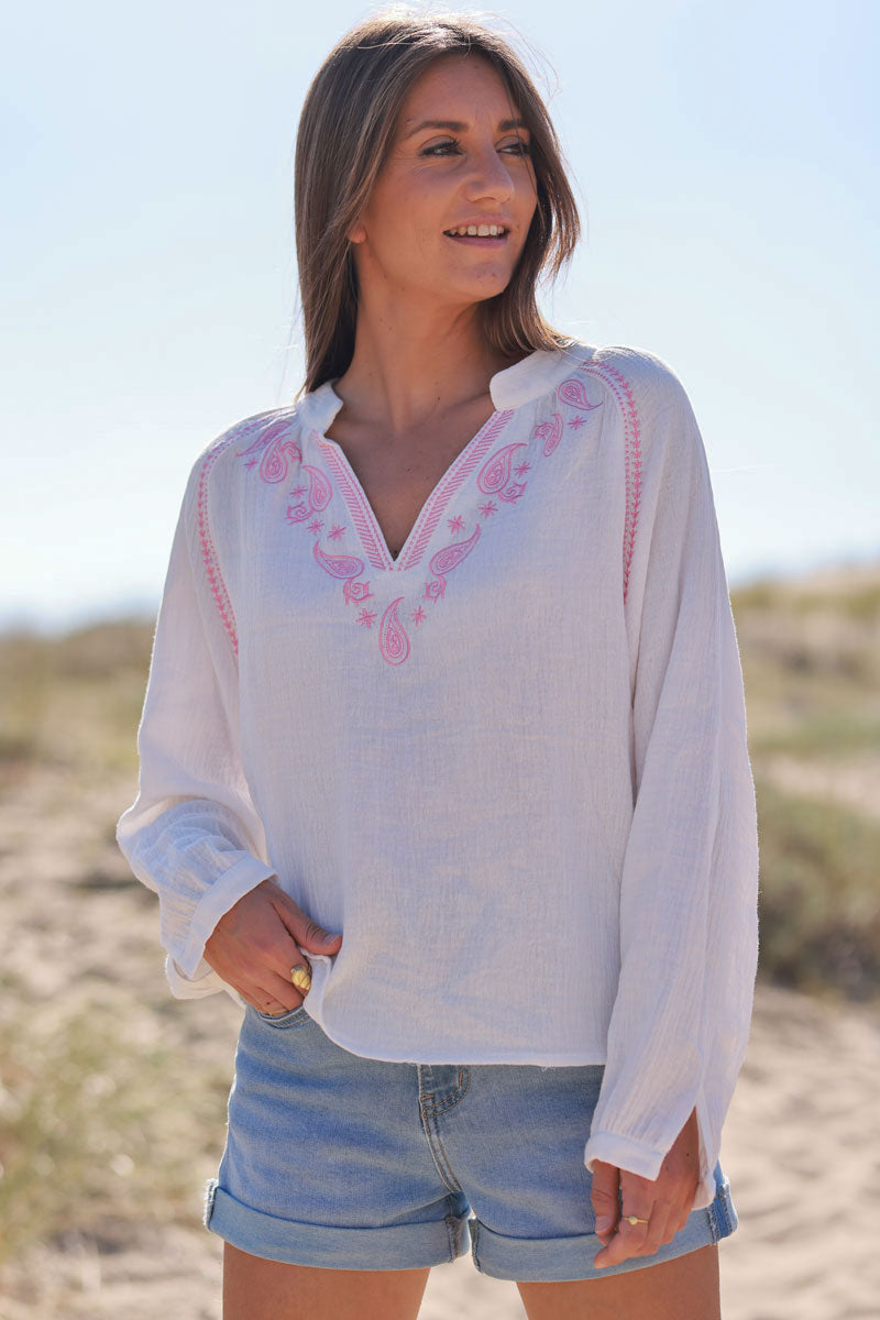White Cotton Gauze Blouse with Pink Paisley Embroidery