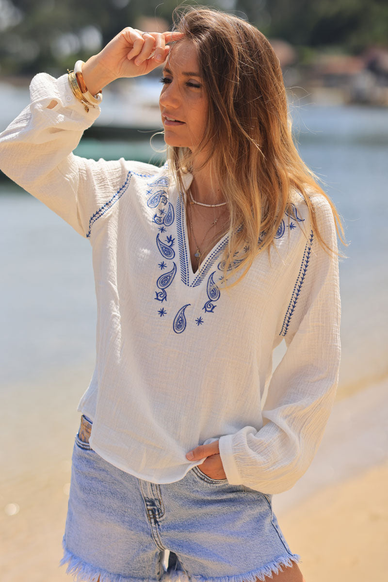 White cotton gauze blouse with blue paisley embroidery