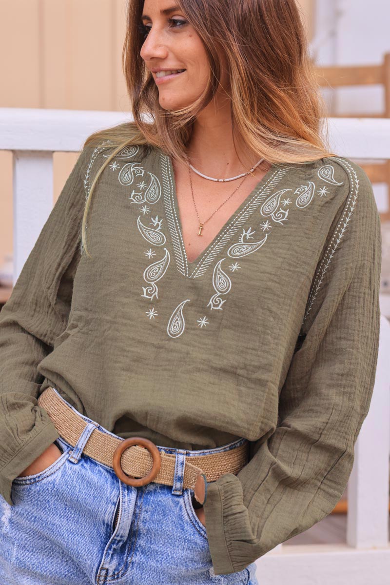 White cotton gauze blouse with khaki paisley embroidery