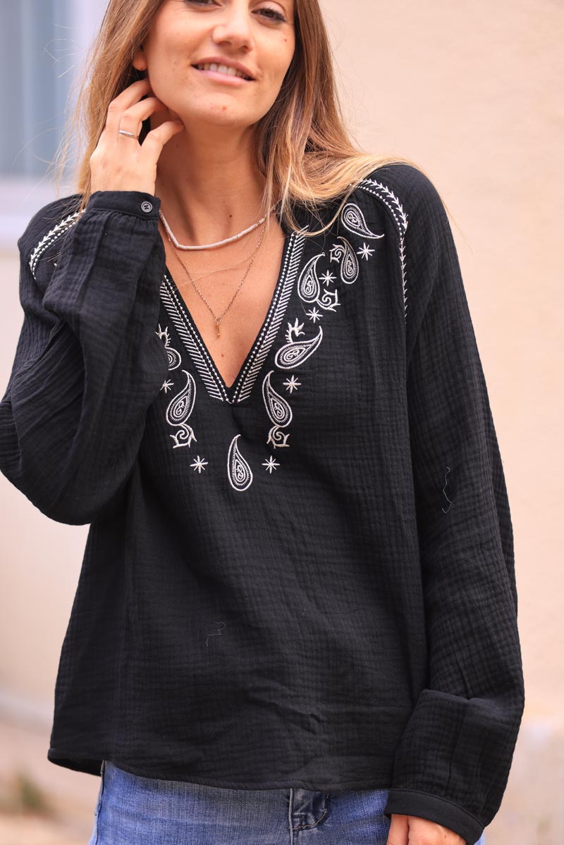 Black cotton gauze blouse with white paisley embroidery