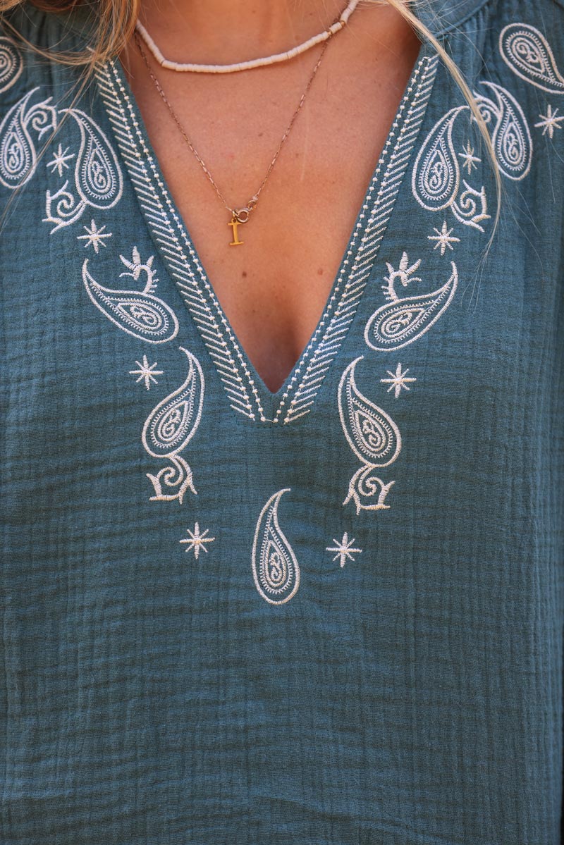 Dark celadon green cotton gauze blouse with blue paisley embroidery