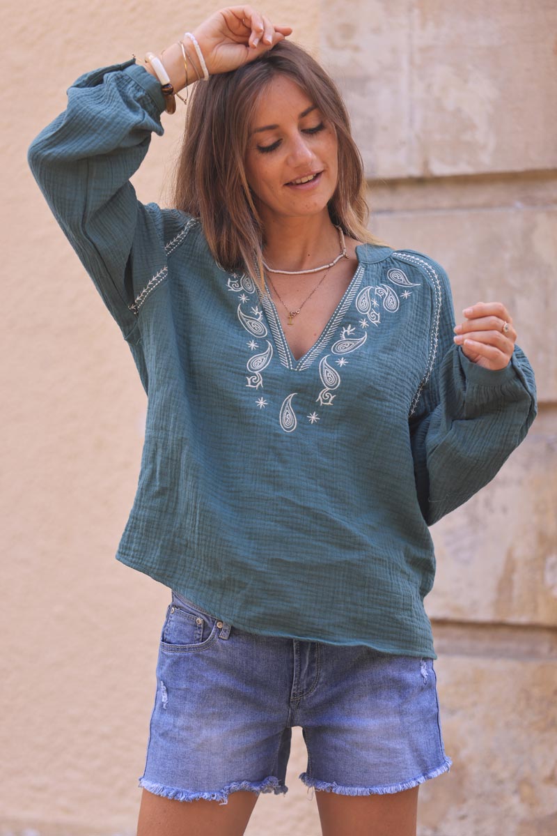 Dark celadon green cotton gauze blouse with blue paisley embroidery