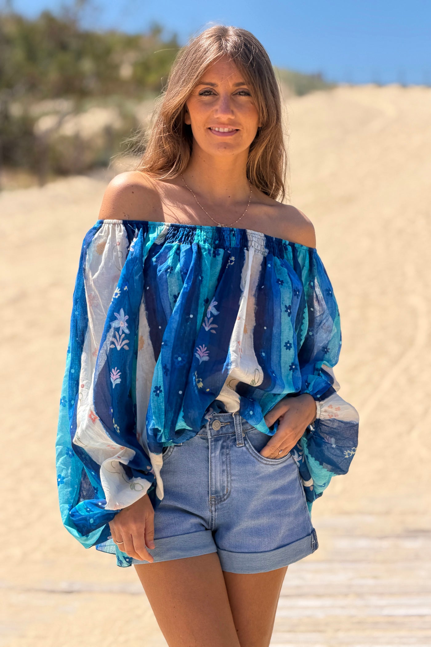 Navy blue Floral Stripe Goddess Blouse
