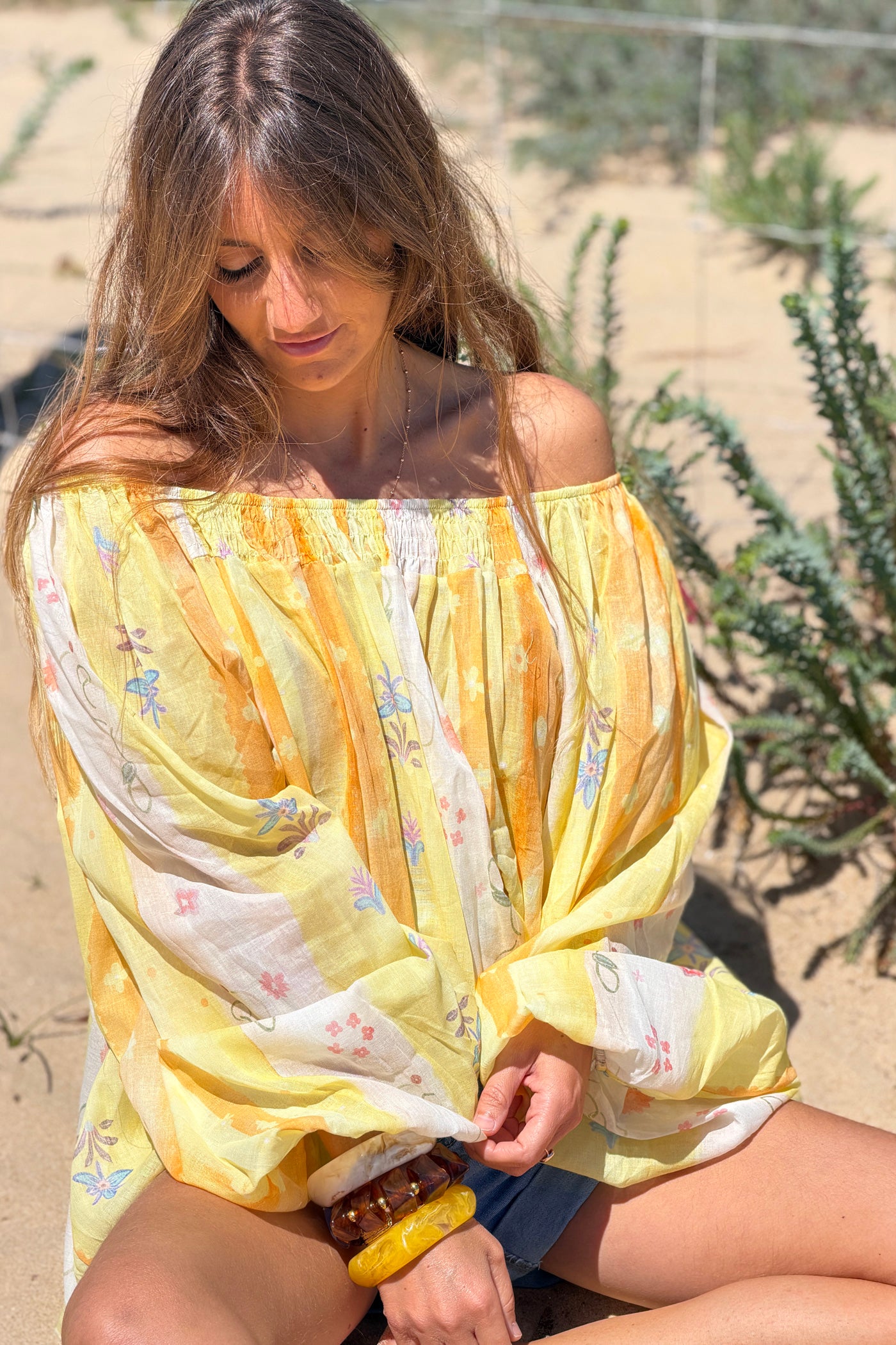 Lemon Floral Stripe Goddess Blouse