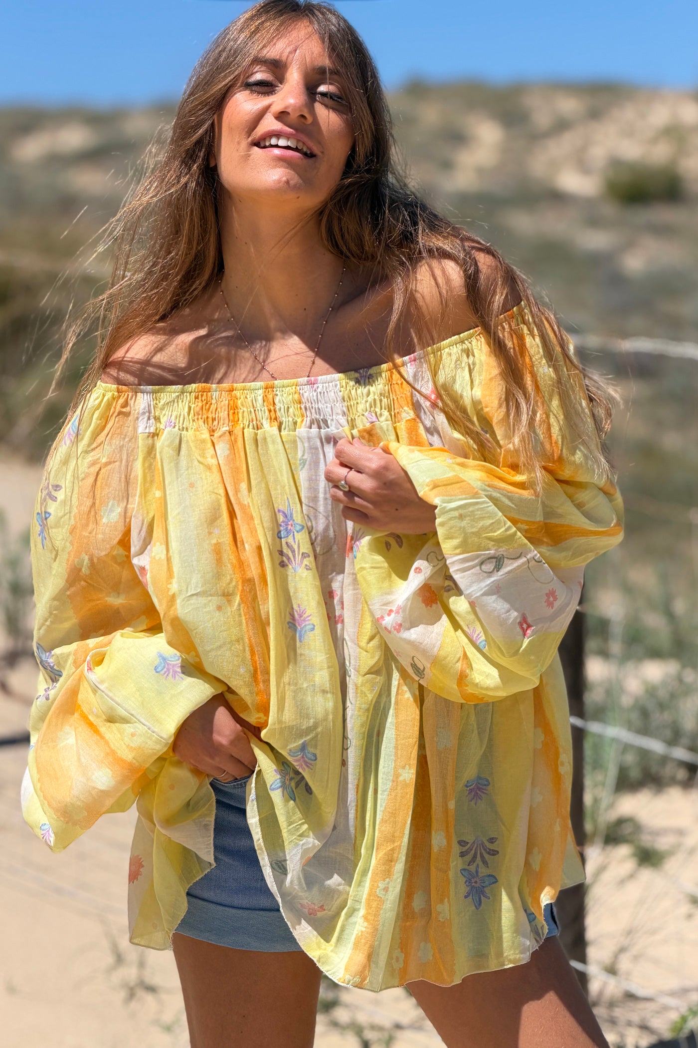 Lemon Floral Stripe Goddess Blouse