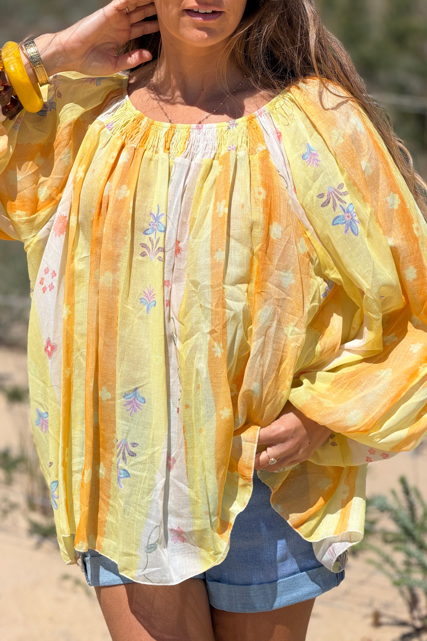 Lemon Floral Stripe Goddess Blouse