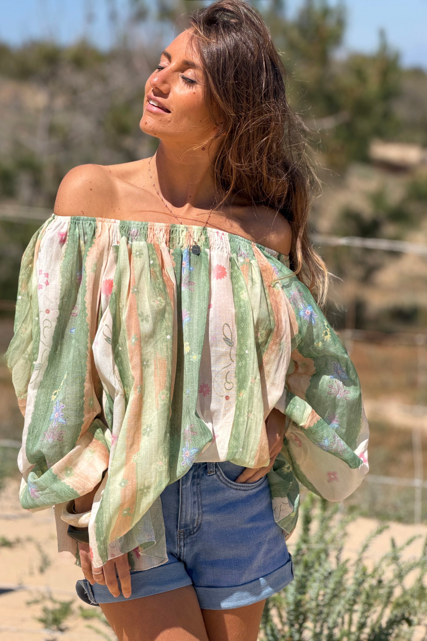 Sage Floral Stripe Goddess Blouse